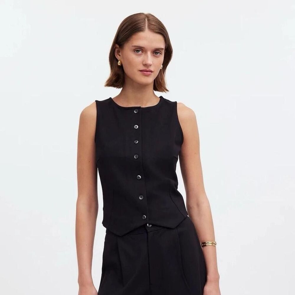 A-new-day Women's Button Front Tailored Vest Top Black XL